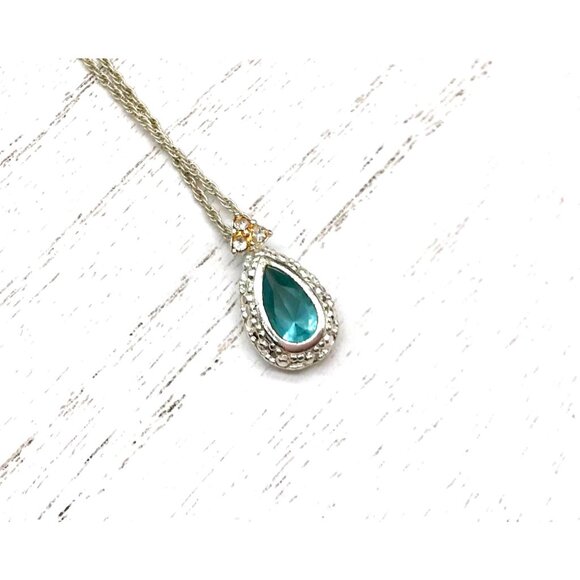 Vintage Style Silver Tone Necklace With Teardrop Blue Gemstone Pendant & Crystal - Picture 1 of 5